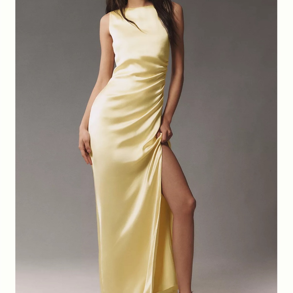 VGUC Anthropologie BHLDN Emma High Neck Satin Maxi Gown. Size XS. Butter yellow